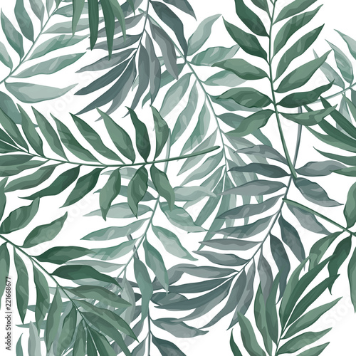 Vector seamless pattern with green leaves in watercolor style on white background