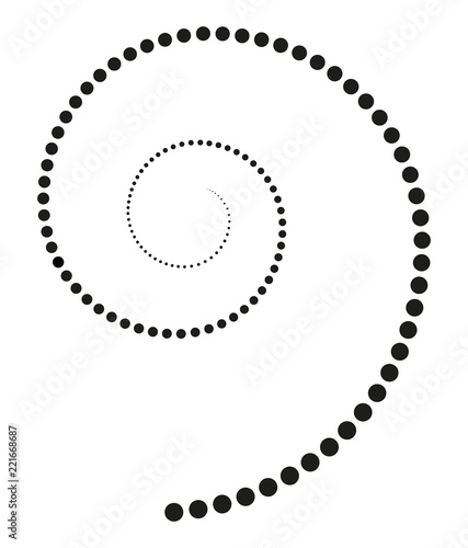 Black spiral made of increasing dots. Points from the center of the spiral getting bigger and forming a spiral. Black isolated illustration on white background. Vector.