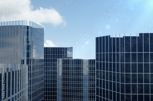 3D Illustration blue skyscrapers from a low angle view. Architecture glass high buildings. Blue skyscrapers in a finance district