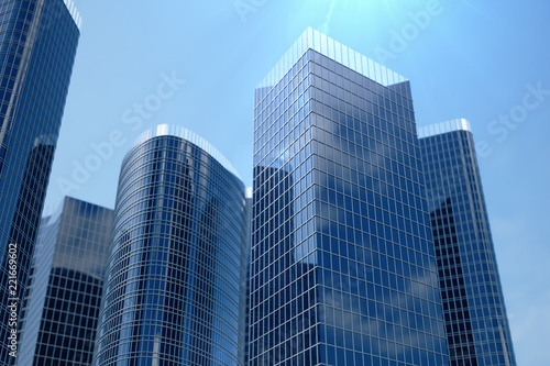 3D Illustration blue skyscrapers from a low angle view. Architecture glass high buildings. Blue skyscrapers in a finance district