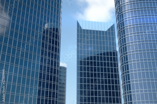 3D Illustration blue skyscrapers from a low angle view. Architecture glass high buildings. Blue skyscrapers in a finance district