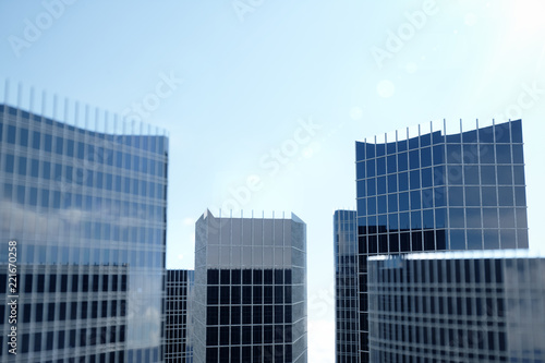 3D illustration Low angle view of skyscrapers. Skyscrapers at in day looking up perspective. Bottom view of skyscrapers in business district in daylight. Business concept of success