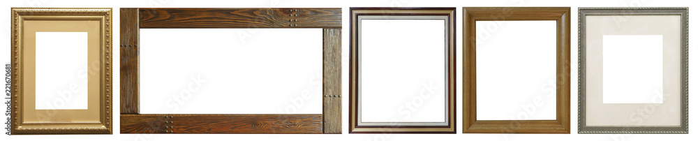 Naklejka premium Set of isolated art empty frames in golden and silver color