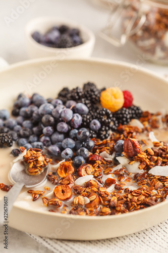 Homemade granola with nuts and coconut with berries and milk in a white plate.