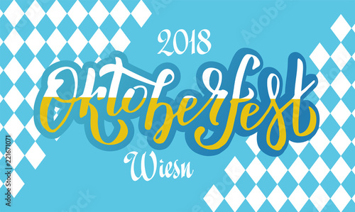 Oktoberfest 2018 Wiesn handwritten lettering logotype on white and blue Bavarian pattern. Beer Festival vector banner. Blue, white lettering typography for poster, card. Word is filled with foamy beer