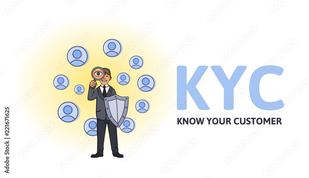 KYC, Know Your Customer concept. Businessman with a shield looking at the partners-to-be through a magnifying glass. Colored flat vector illustration on white background. KYC, Know Your Customer concept. Businessman with a shield looking at the partners-to-be through a magnifying glass. Colored flat vector illustration on white background.