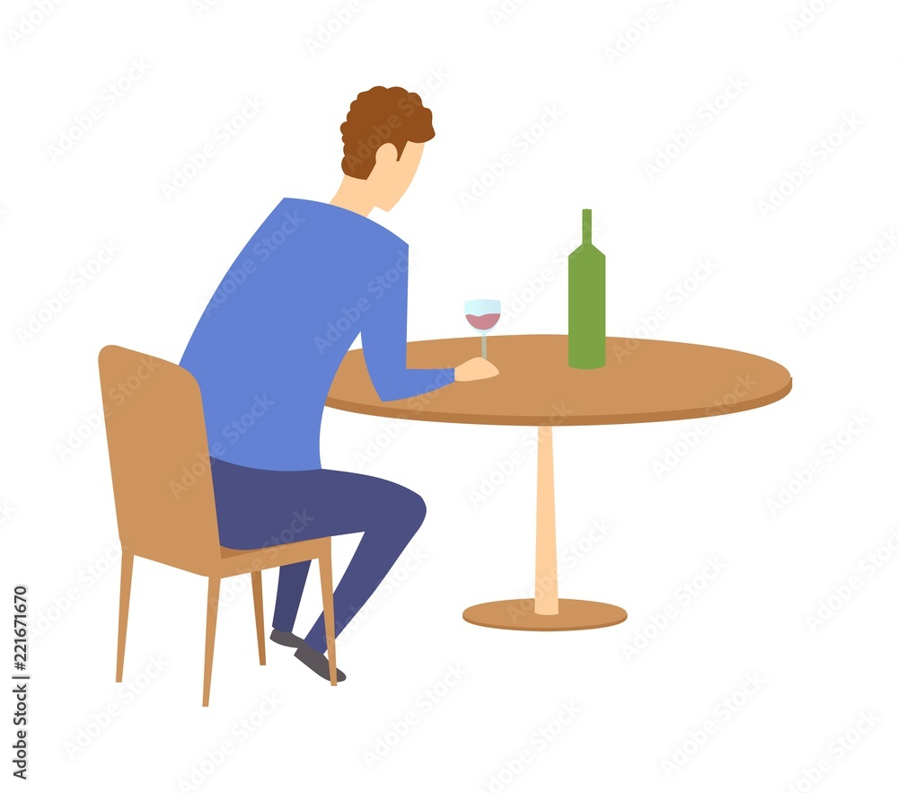 Fototapeta premium Man sitting by the table with a bottle of wine in front of him. Guy having a drink in a bar or cafe. Flat vector illustration. Isolated on white background.