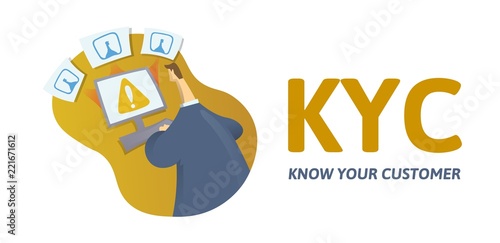 KYC, know your customer concept. Businessman checking information on internet, with text and letters. Colored flat vector illustration on white background.
