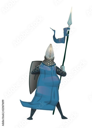 Medieval knight in armor with shield and spear, back view. Flat vector illustration, isolated.