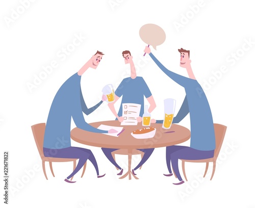 Quiz team giving the answer. Quiz night in the bar, trivia event with three contestants sitting by the table with drinks and snacks. Flat vector illustration. Isolated on white background.