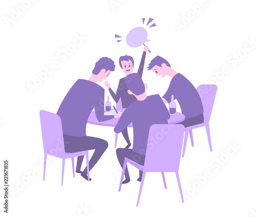 Quiz team giving the answer. Quiz night in the bar, trivia event with four contestants sitting by the table. Flat vector illustration. Isolated on white background.