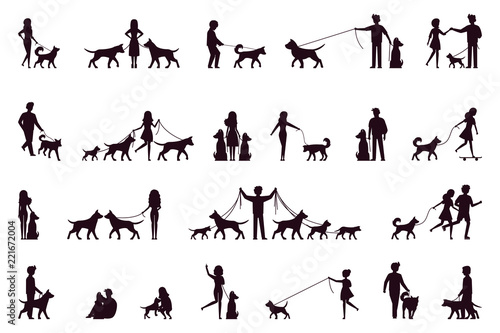 A set of characters walk with a dog. Silhouette. Vector illustration in simple style on white isolated background