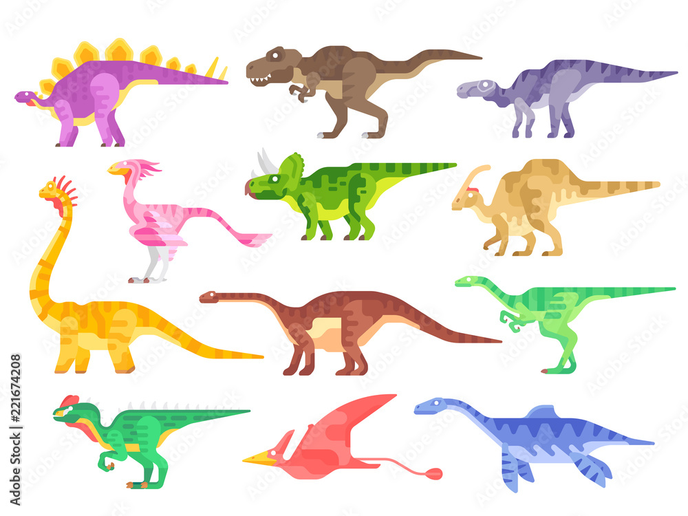 Set of dinosaurs isolated on white background. Flat design. Vector dino illustration