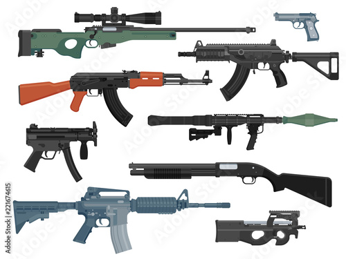 Set of weapons guns isolated on white background. Flat design. Vector illustration