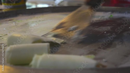 Icecream stirfried (Holy Roly, Ice Manias) for sale at Thai street food market or restaurant in Thailand photo