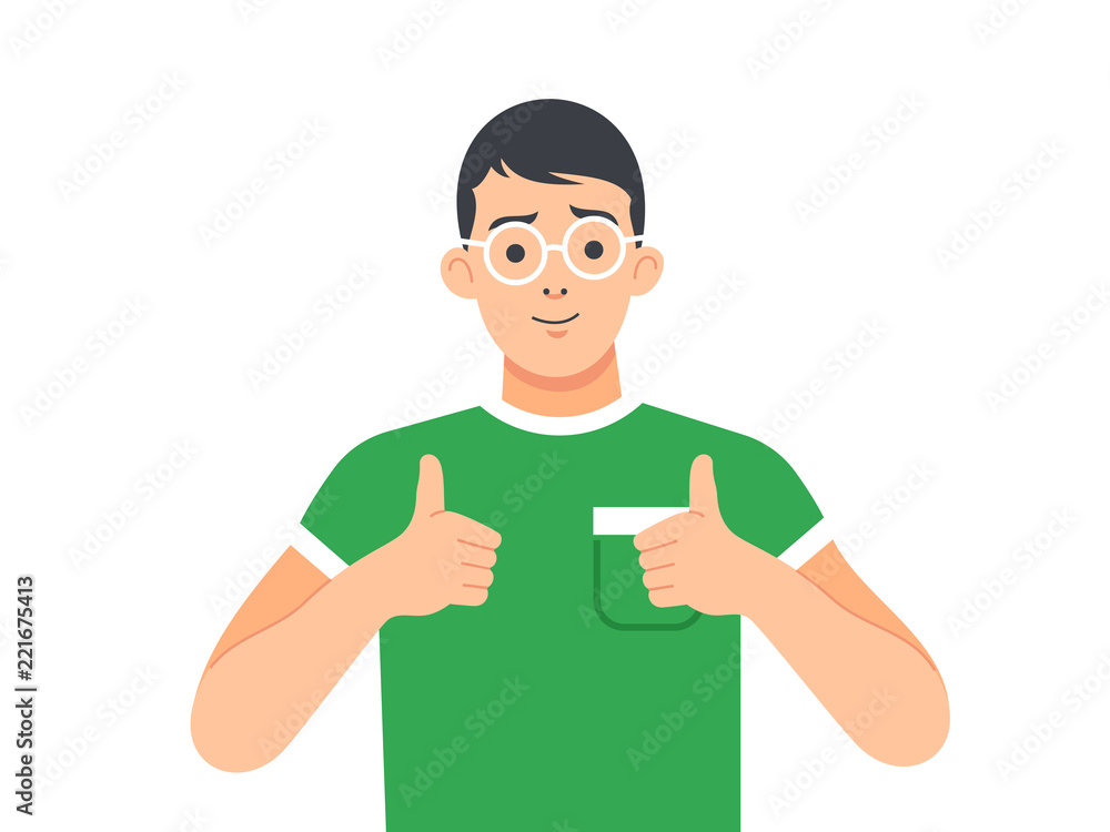 Young man shows okay or all right sign. 
Man with thumbs up approving. Vector illustration