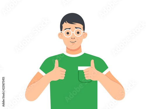 Young man shows okay or all right sign. 
Man with thumbs up approving. Vector illustration