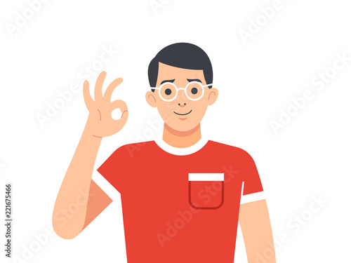 Young man showing okay gesture. Ok. Vector illustration
