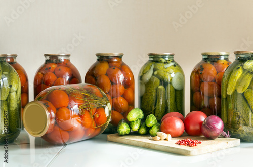 fresh, cucumbers, tomatoes, onion, garlic, red, pepper, table, in the background, cans, canned, pickles, pickled vegetables, food, harvesting
