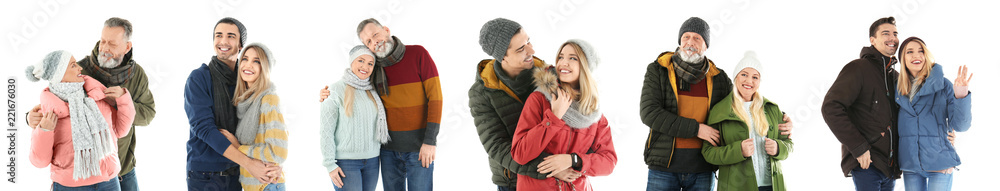 Set with couples in warm clothes on white background. Ready for winter vacation Set with couples in warm clothes on white background. Ready for winter vacation