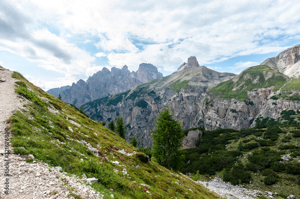 Fototapeta premium Rugged Mountain Ranges in Tre Cima Natural Park Area in the Italian Dolomites.