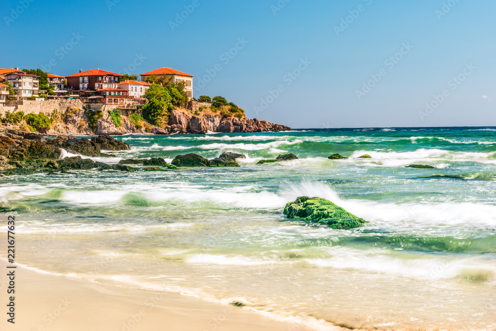 Fragment of the old town of Sozopol, Bulgaria. View of the bay on the Black Sea in the town. - obrazy, fototapety, plakaty 