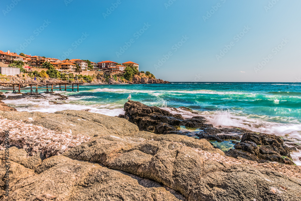 Fragment of the old town of Sozopol, Bulgaria. View of the bay on the Black Sea in the town.