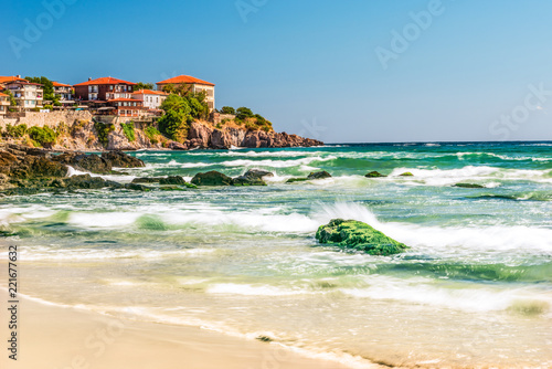 Obraz na płótnie Fragment of the old town of Sozopol, Bulgaria. View of the bay on the Black Sea in the town. w salonie