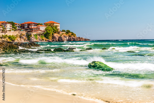 Fragment of the old town of Sozopol, Bulgaria. View of the bay on the Black Sea in the town. photo