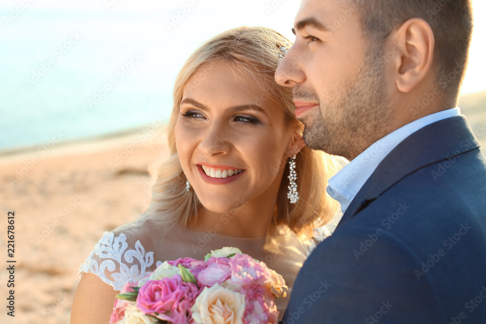 Wedding couple. Bride and groom on beach Wedding couple. Bride and groom on beach