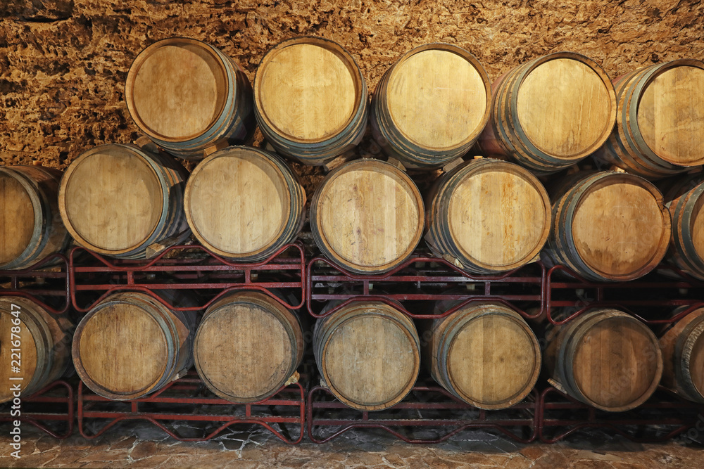 Wine cellar interior with large wooden barrels