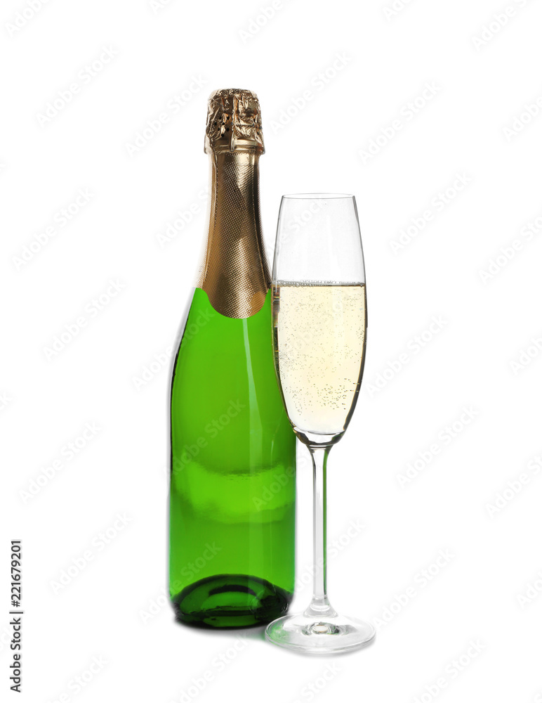 Bottle and glass with champagne on white background. Festive drink Bottle and glass with champagne on white background. Festive drink