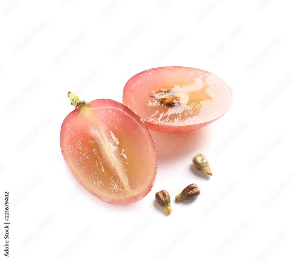 Cut fresh ripe juicy grape with seeds on white background Cut fresh ripe juicy grape with seeds on white background