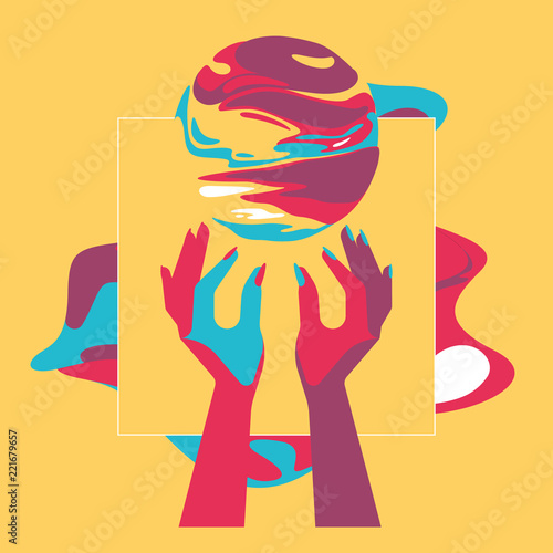 two hands and fantasy ball, pop art style, contrast colors, flat illustration, dreamland, fantasy world