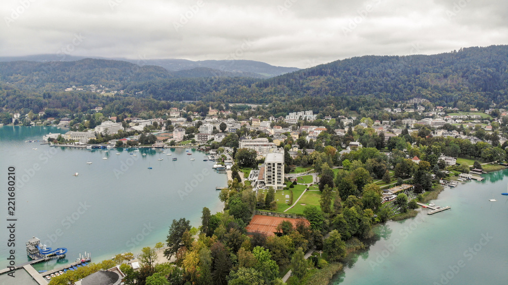 Aerial view of Portschach Am Worthersee small town on beautiful lake Worthersee in Austria Aerial view of Portschach Am Worthersee small town on beautiful lake Worthersee in Austria