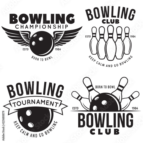 Set of vector vintage monochrome style bowling logo, icons and symbol. Bowling ball and bowling pins illustration. Trendy design elements.