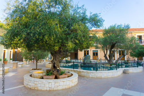 Street view from famous Fiskardo village in Kefalonia, Greece. Square with olive trees and a statue of a frog