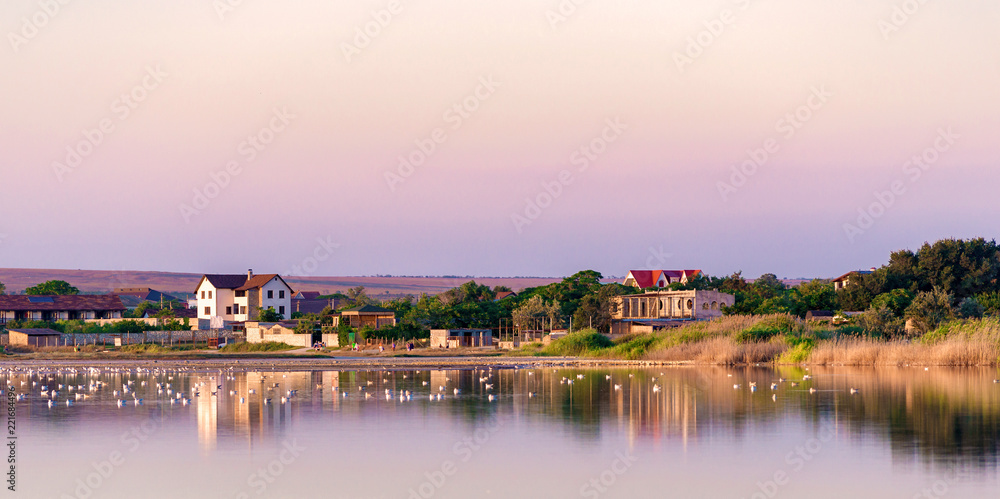 River town houses reflection in water landscape. View river town houses scene. River town houses panorama