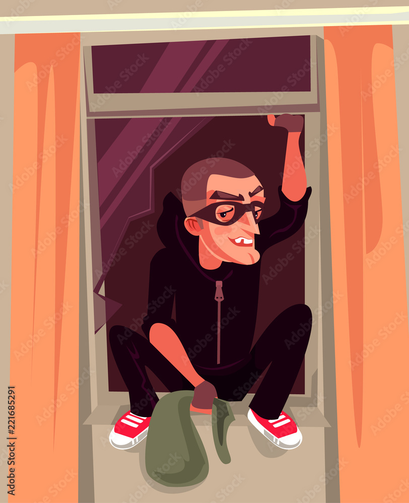 Man thief character climbs out window. Criminal vector cartoon illustration Man thief character climbs out window. Criminal vector cartoon illustration