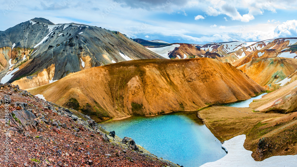 Beautiful colorful volcanic mountains Landmannalaugar in Iceland, earth formation, dramatic landscape