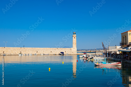 Rethymno old Venetian harbor with the Egyptian lighthouse, Crete island, Greece. It was built in 1830 by Egyptians.