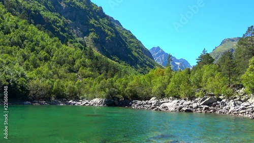 View lake scenes in mountains, national park Dombai, Caucasus, Russia, Europe. Summer landscape, sunshine weather, blue sky and sunny day