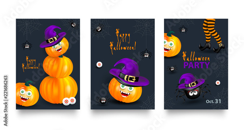 Halloween holiday design card set. Happy pumpkin with funny monster face, witch legs with striped stockings and spider with hat on dark night background with cobweb.