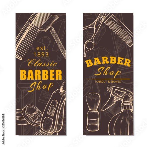 Barber shop vertical banner set in brown