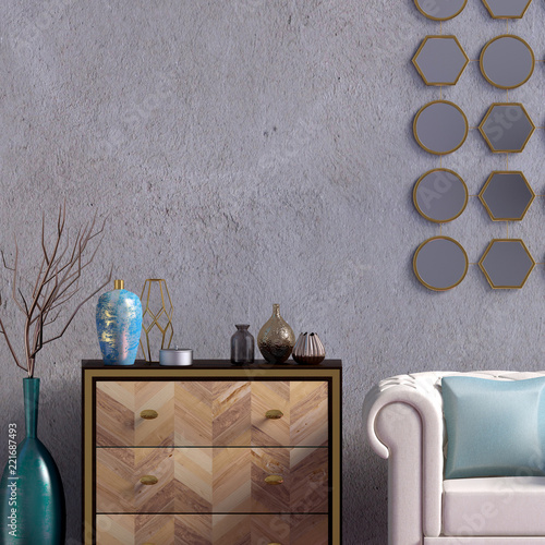Modern interior with dresser and chair. 3d illustration.