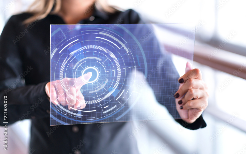 Person pushing button on transparent glass tablet with finger. Woman ...