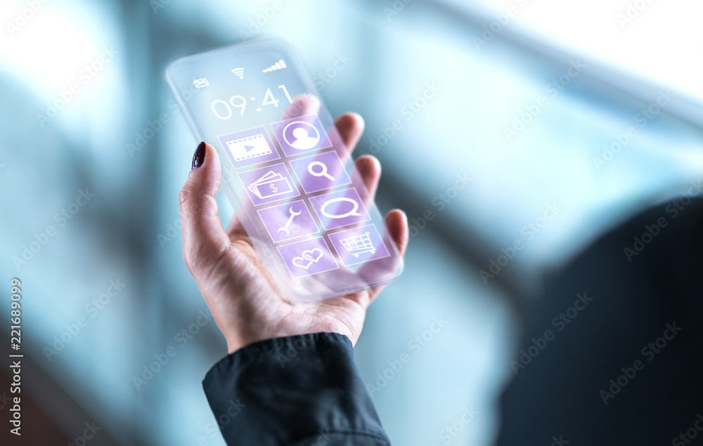 Transparent mobile phone. Futuristic glass smartphone. Cellphone with  future digital technology screen display and interface. Business person  holding invisible modern smart device. Stock Photo | Adobe Stock