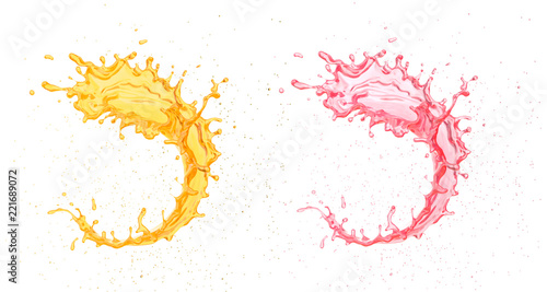 Splash of orange and strawberry fruit juice, 3d illustration.