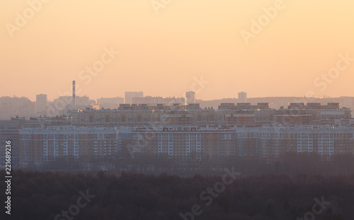Complex of residential buildings in Moscow at sunset in the spring as a background or backdrop