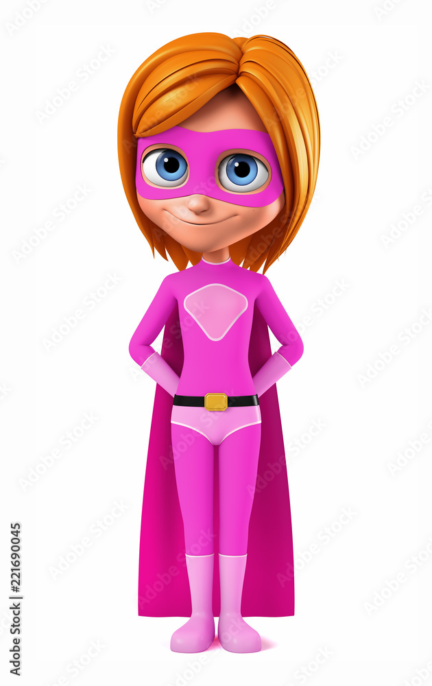 Modest girl in a pink superhero costume on a white background. 3d render illustration. Modest girl in a pink superhero costume on a white background. 3d render illustration.